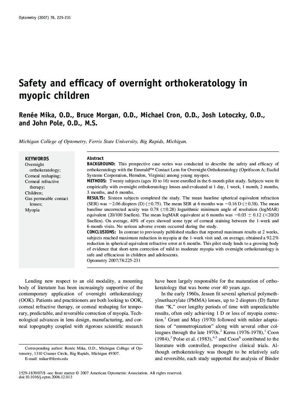Safety and efficacy of overnight orthokeratology in myopic children