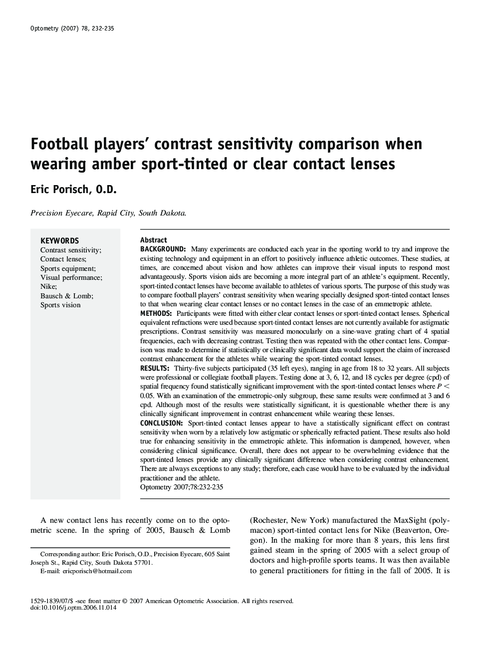 Football players’ contrast sensitivity comparison when wearing amber sport-tinted or clear contact lenses