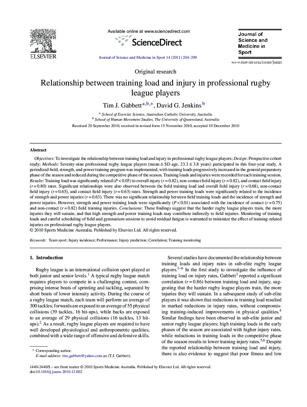 Relationship between training load and injury in professional rugby league players