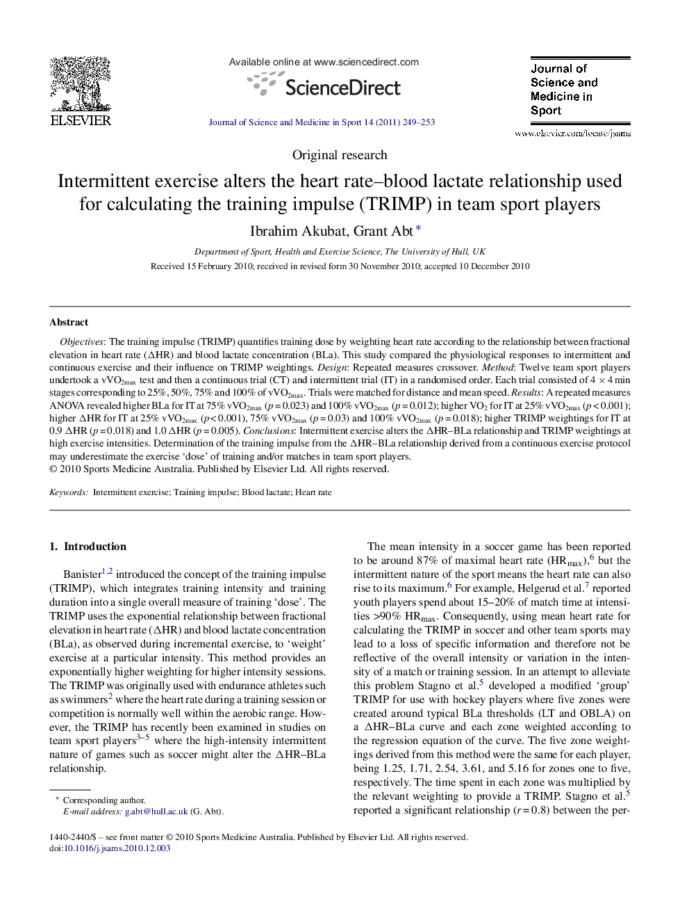 Intermittent exercise alters the heart rate–blood lactate relationship used for calculating the training impulse (TRIMP) in team sport players