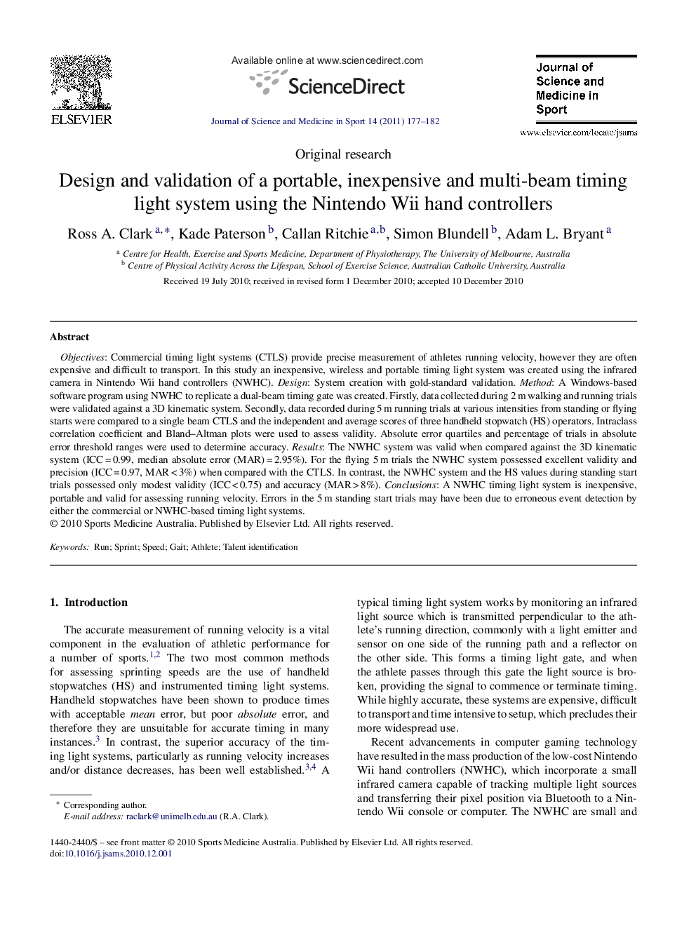 Design and validation of a portable, inexpensive and multi-beam timing light system using the Nintendo Wii hand controllers