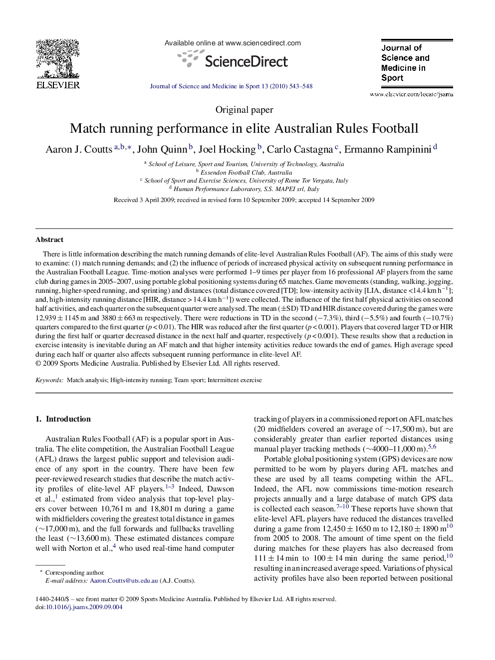 Match running performance in elite Australian Rules Football