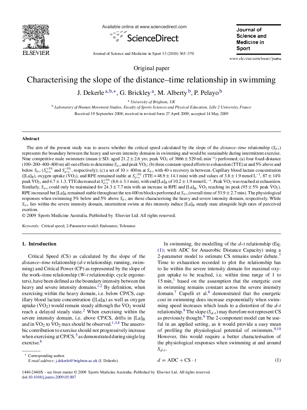 Characterising the slope of the distance-time relationship in swimming