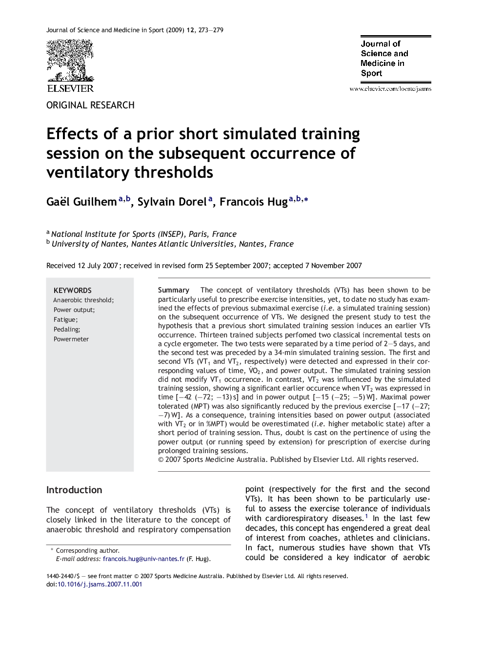 Effects of a prior short simulated training session on the subsequent occurrence of ventilatory thresholds