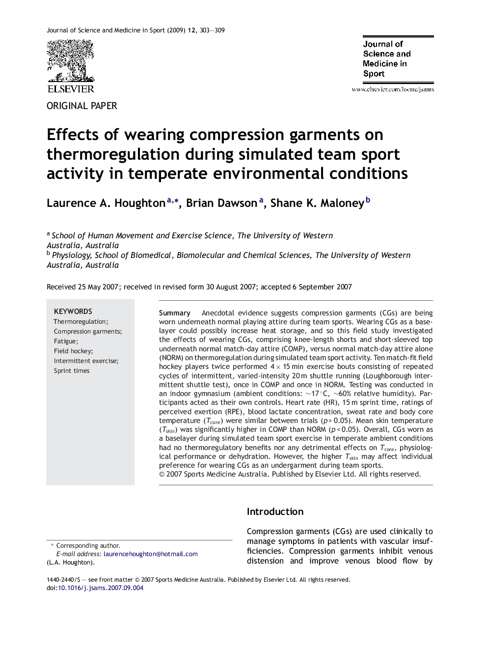 Effects of wearing compression garments on thermoregulation during simulated team sport activity in temperate environmental conditions