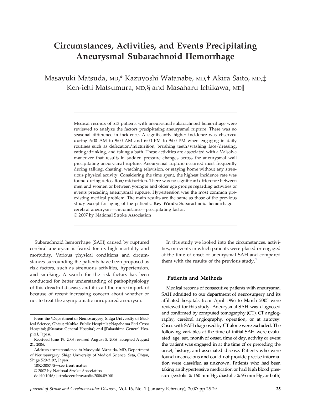 Circumstances, Activities, and Events Precipitating Aneurysmal Subarachnoid Hemorrhage