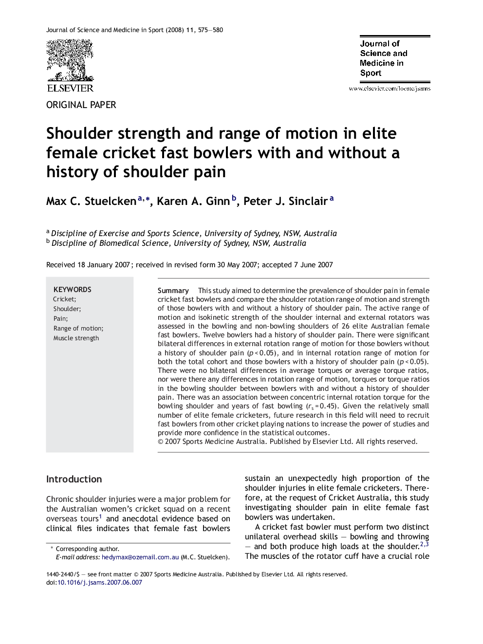 Shoulder strength and range of motion in elite female cricket fast bowlers with and without a history of shoulder pain