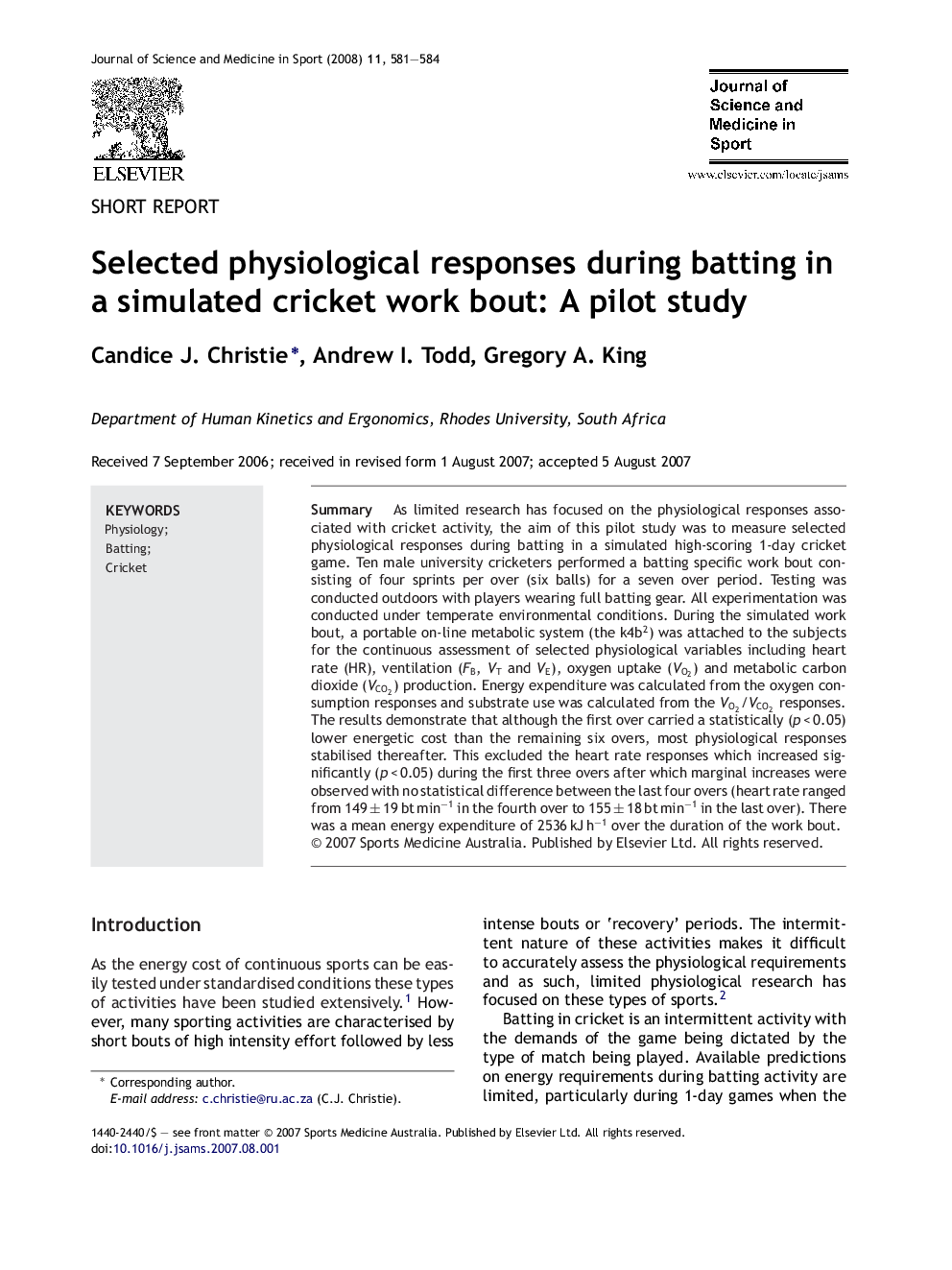 Selected physiological responses during batting in a simulated cricket work bout: A pilot study