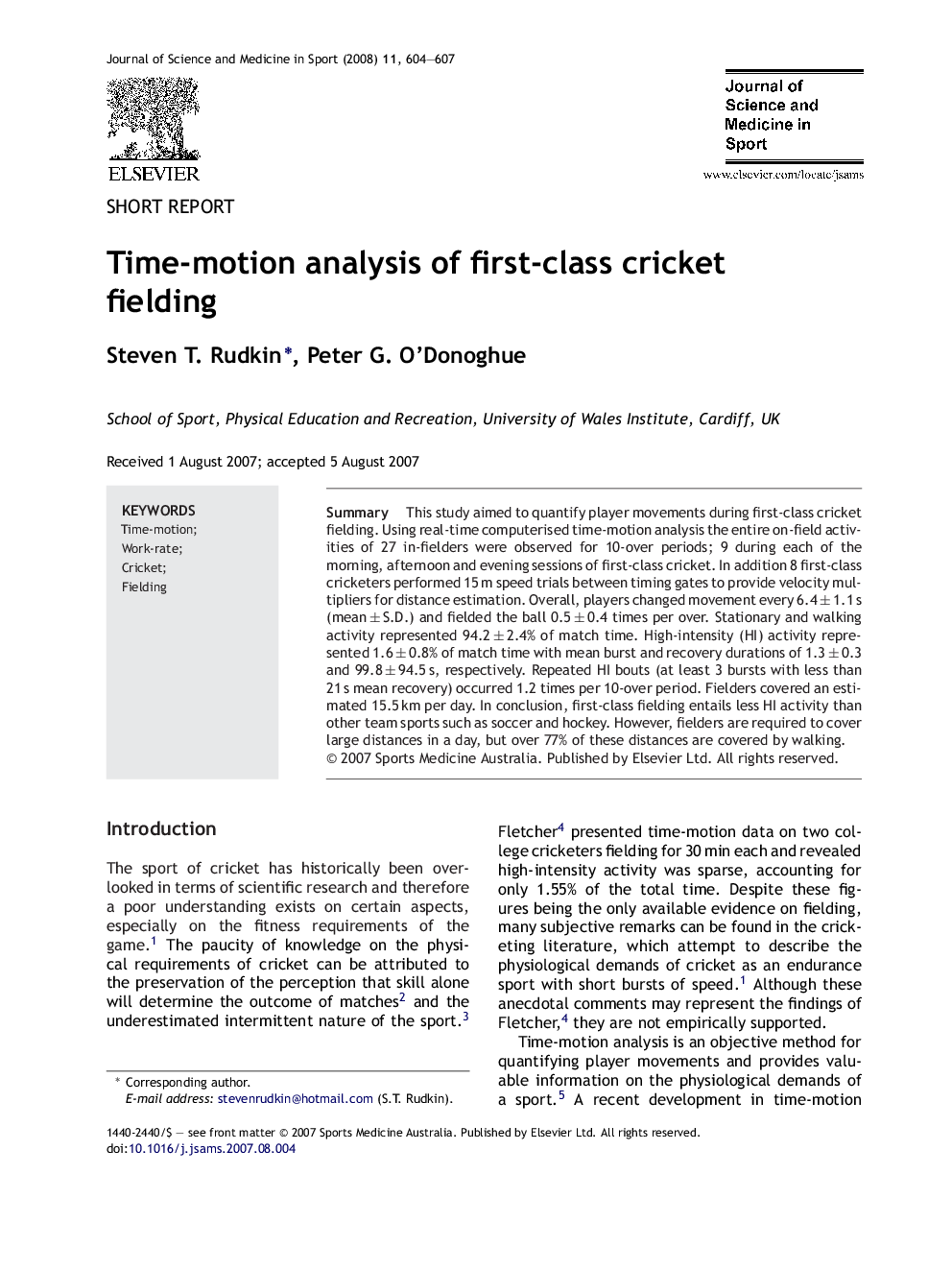 Time-motion analysis of first-class cricket fielding