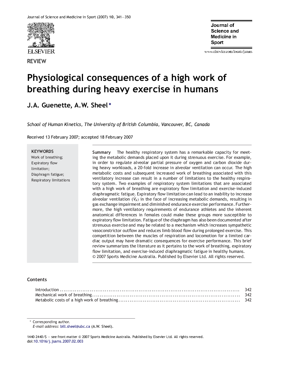 Physiological consequences of a high work of breathing during heavy exercise in humans