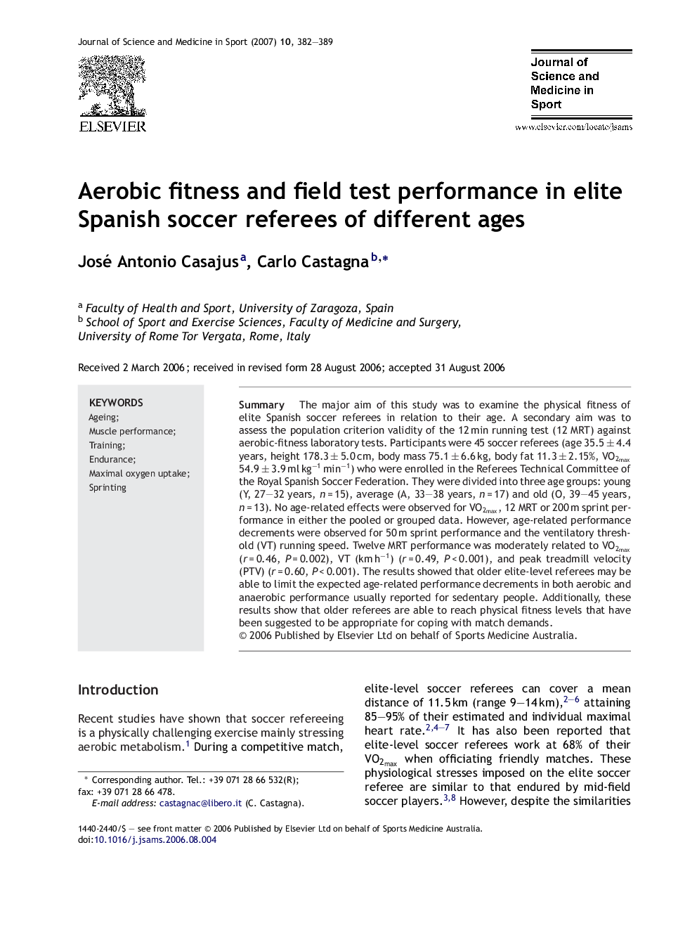 Aerobic fitness and field test performance in elite Spanish soccer referees of different ages