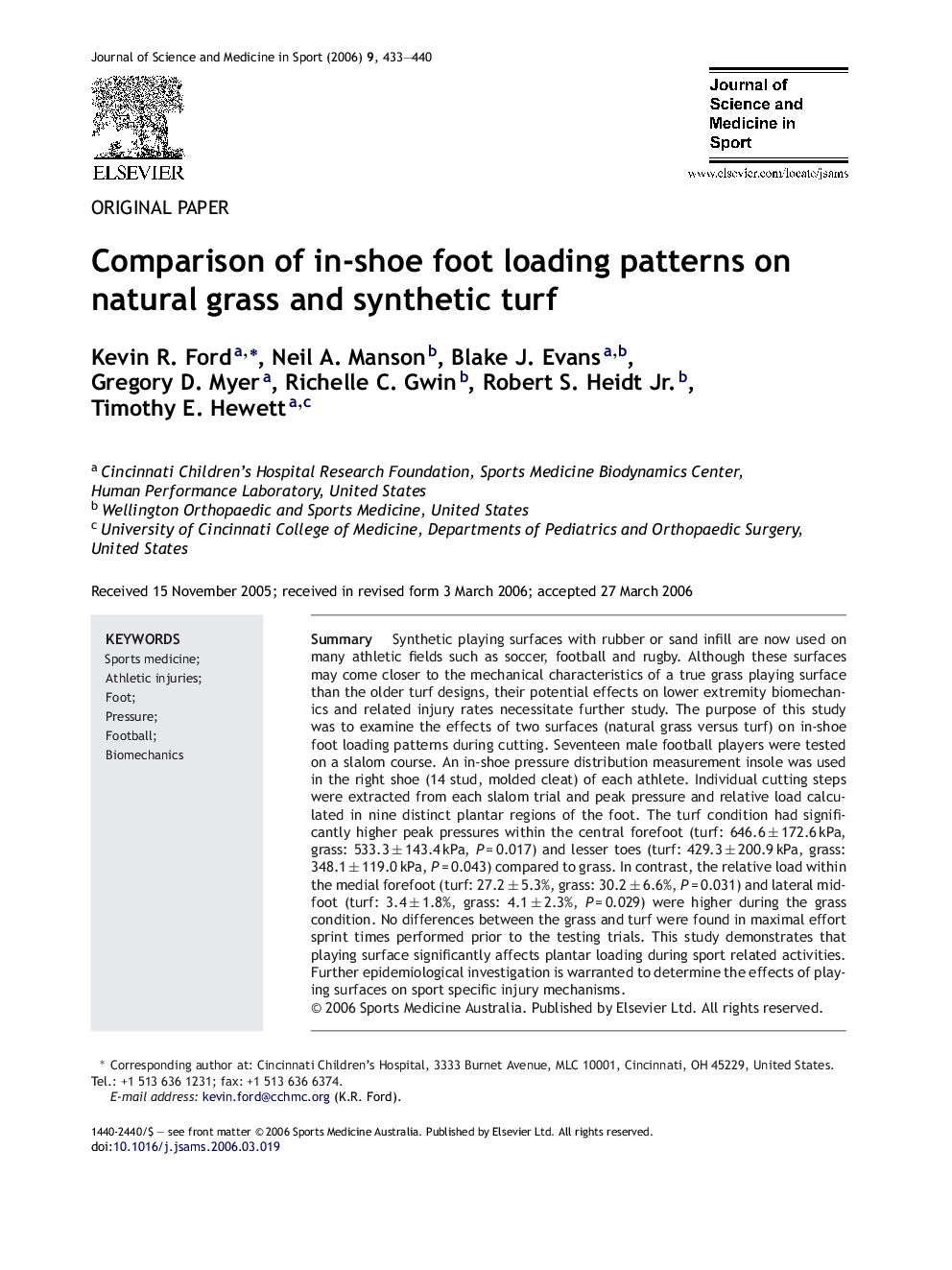 Comparison of in-shoe foot loading patterns on natural grass and synthetic turf