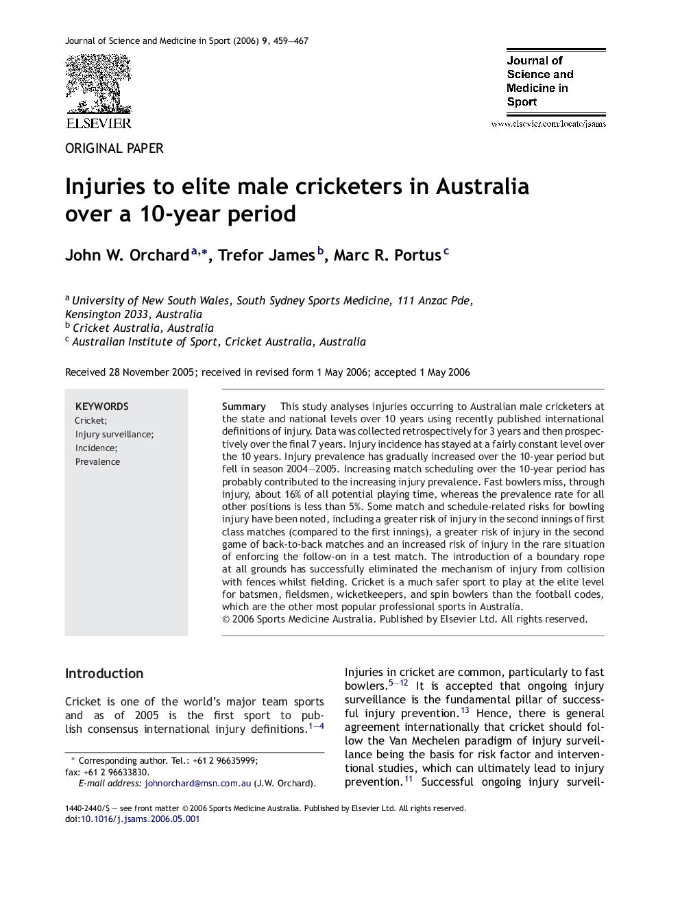 Injuries to elite male cricketers in Australia over a 10-year period