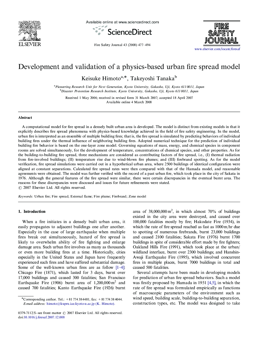 Development and validation of a physics-based urban fire spread model