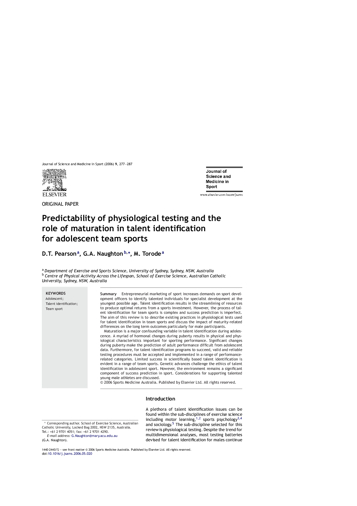 Predictability of physiological testing and the role of maturation in talent identification for adolescent team sports