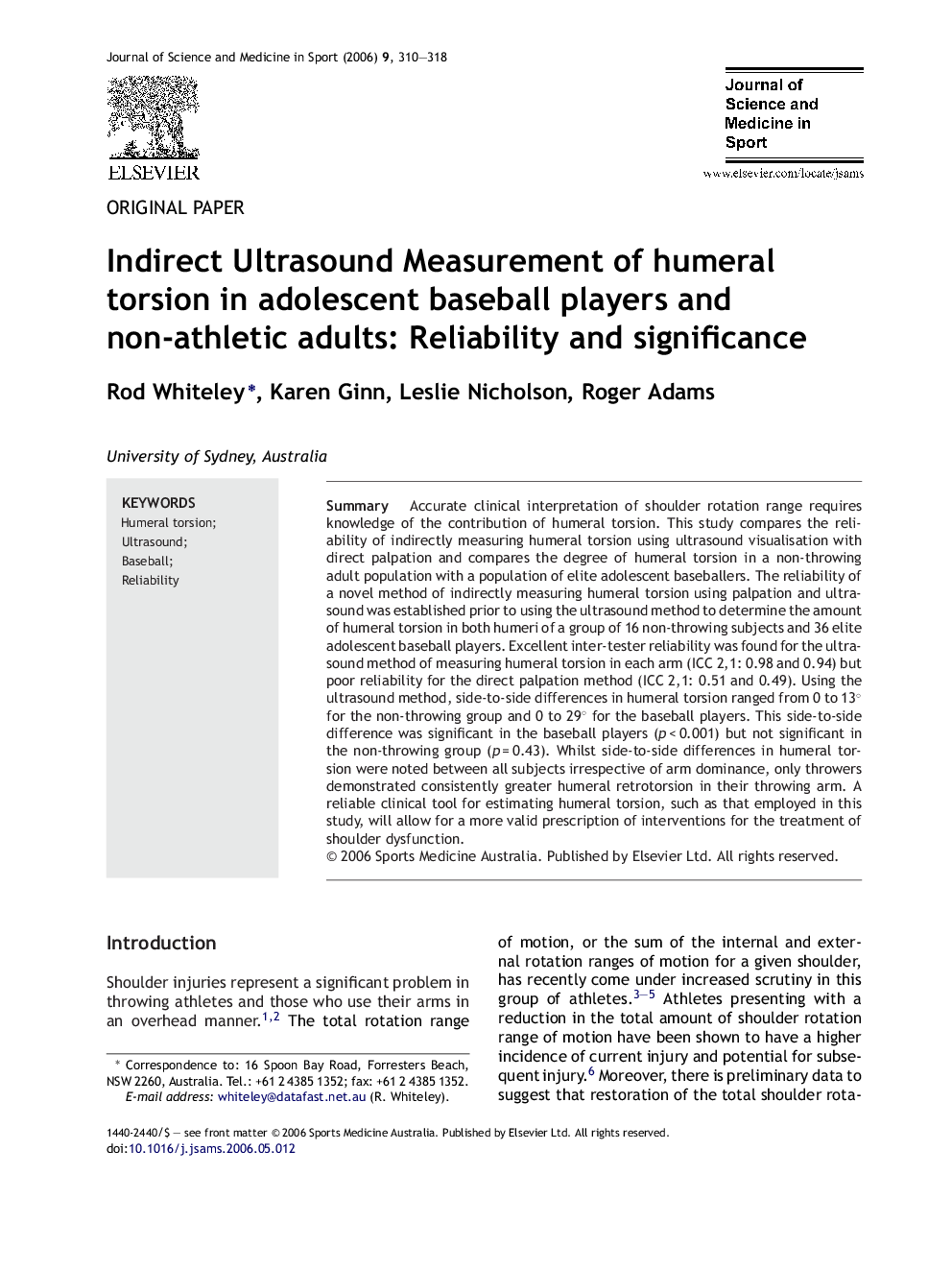 Indirect Ultrasound Measurement of humeral torsion in adolescent baseball players and non-athletic adults: Reliability and significance