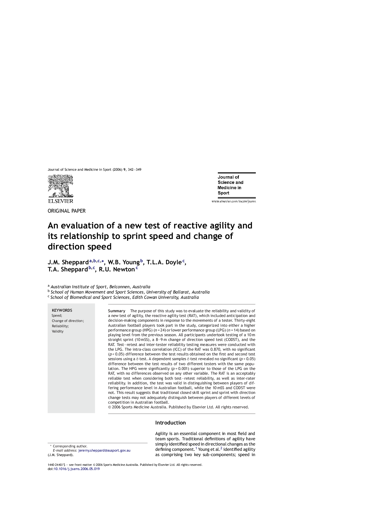 عکس صفحه اول مقاله: An evaluation of a new test of reactive agility and its relationship to sprint speed and change of direction speed An evaluation of a new test of reactive agility and its relationship to sprint speed and change of direction speed