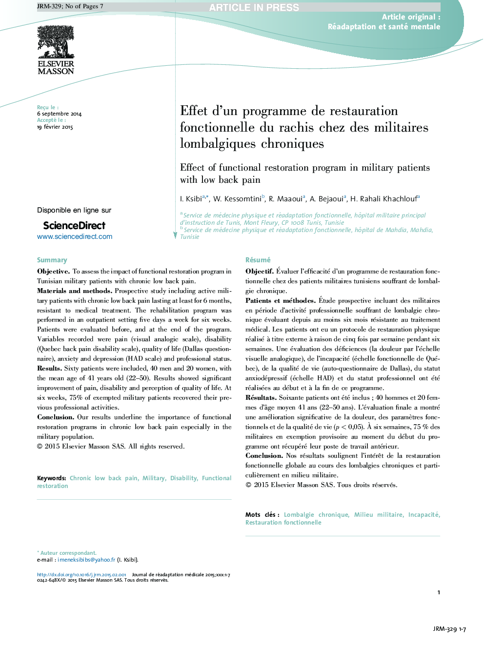 Effet d'un programme de restauration fonctionnelle du rachis chez des militaires lombalgiques chroniques