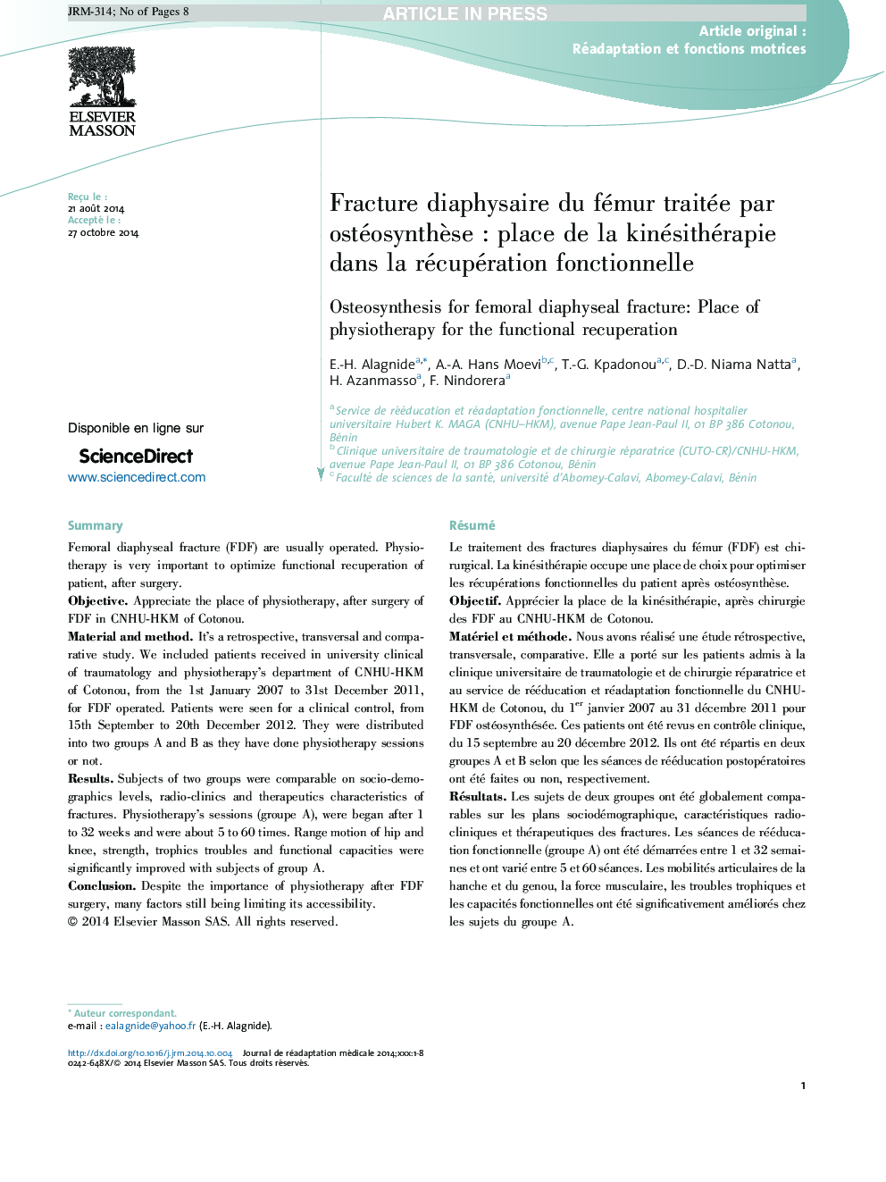 Fracture diaphysaire du fémur traitée par ostéosynthÃ¨seÂ : place de la kinésithérapie dans la récupération fonctionnelle