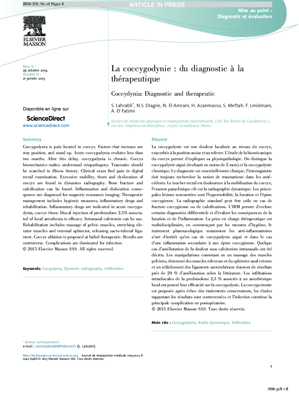 La coccygodynieÂ : du diagnostic Ã  la thérapeutique