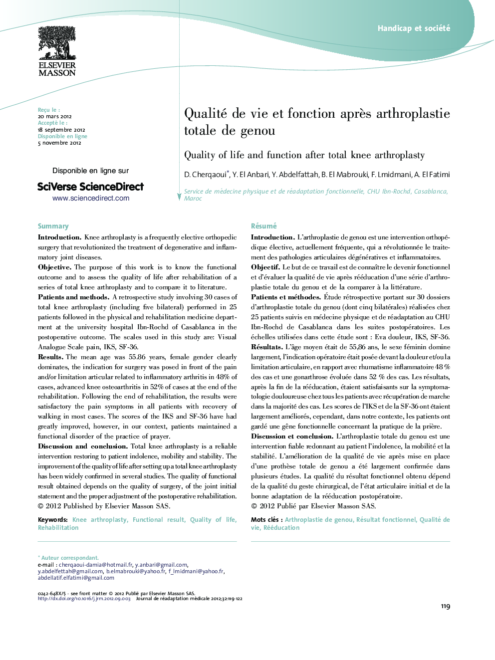 Qualité de vie et fonction aprÃ¨s arthroplastie totale de genou