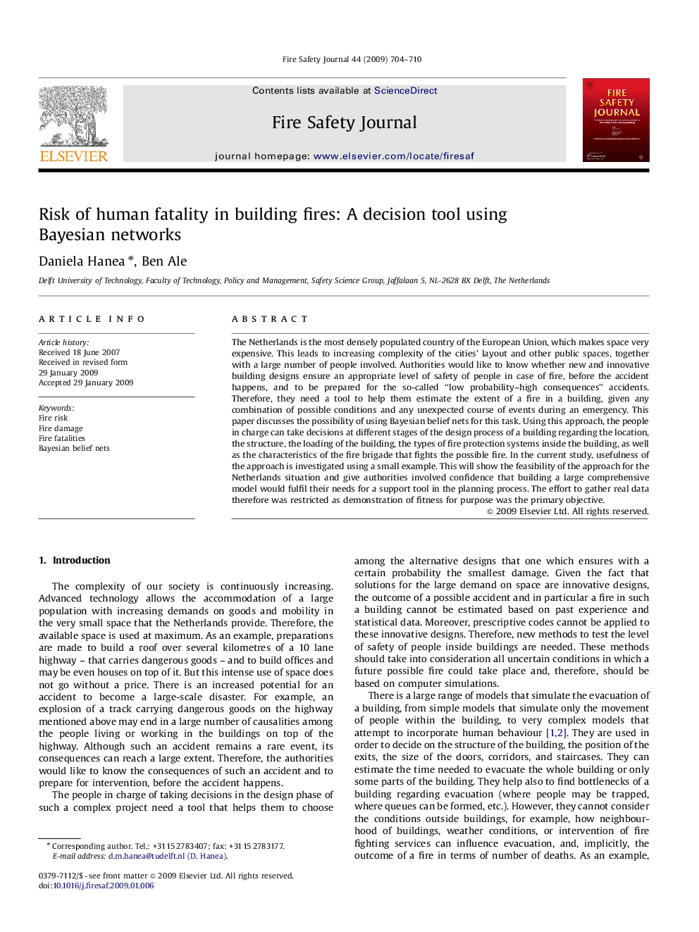 عکس صفحه اول مقاله: Risk of human fatality in building fires: A decision tool using Bayesian networks Risk of human fatality in building fires: A decision tool using Bayesian networks