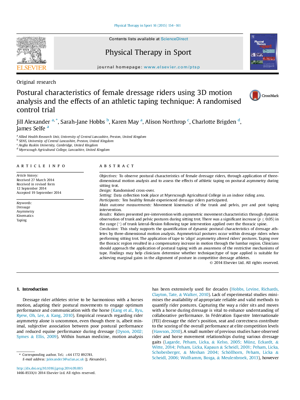 Postural characteristics of female dressage riders using 3D motion analysis and the effects of an athletic taping technique: A randomised control trial