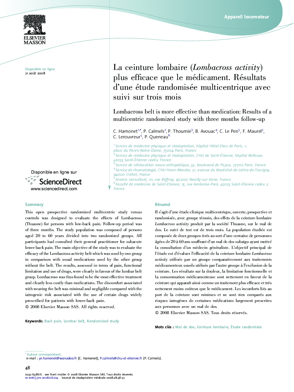 La ceinture lombaire (Lombacross activity) plus efficace que le médicament. Résultats d'une étude randomisée multicentrique avec suivi sur trois mois