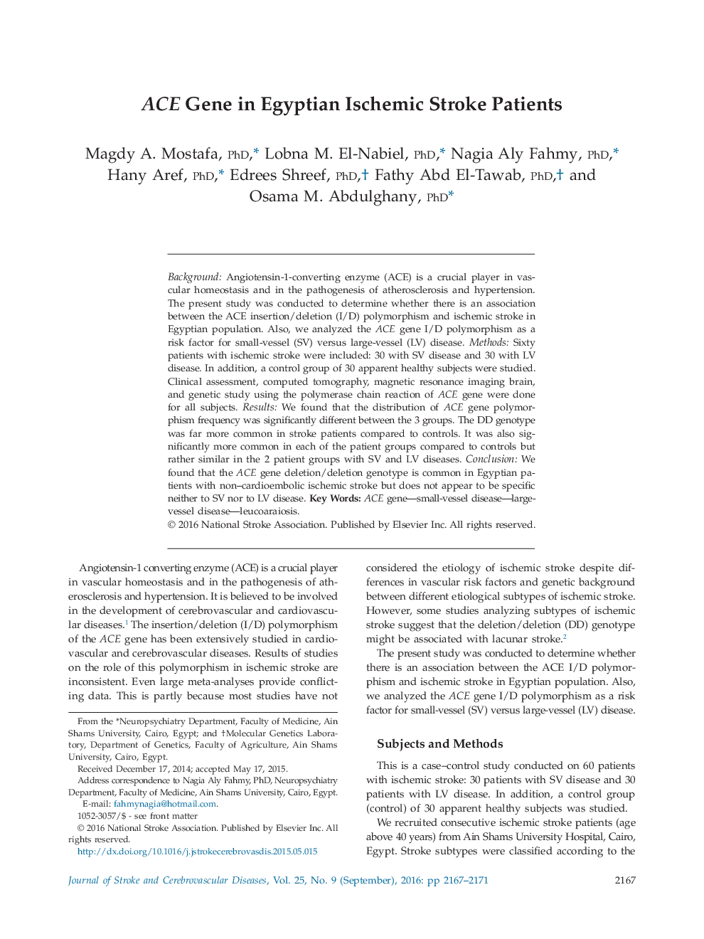 ACE Gene in Egyptian Ischemic Stroke Patients