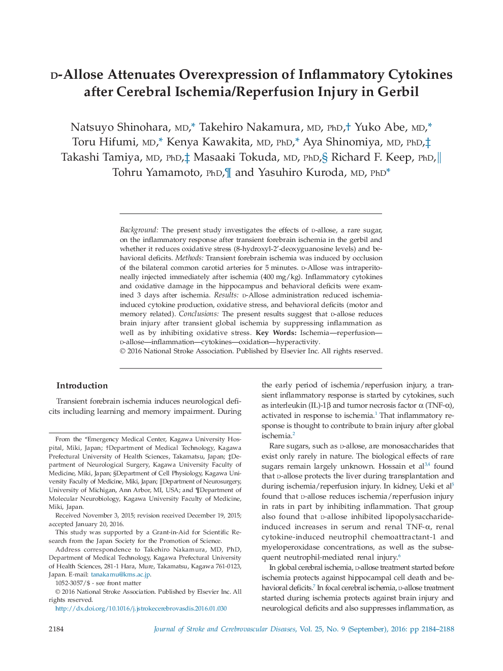 d-Allose Attenuates Overexpression of Inflammatory Cytokines after Cerebral Ischemia/Reperfusion Injury in Gerbil 