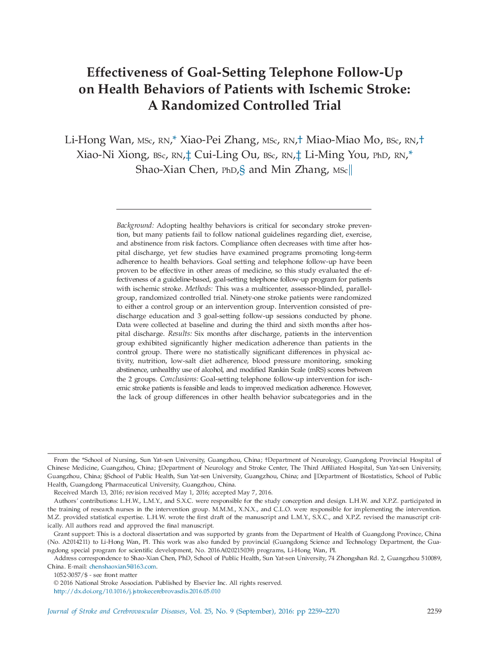 Effectiveness of Goal-Setting Telephone Follow-Up on Health Behaviors of Patients with Ischemic Stroke: A Randomized Controlled Trial 