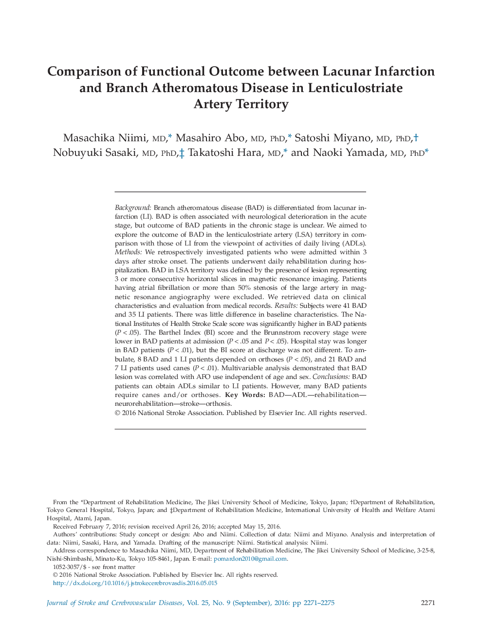 Comparison of Functional Outcome between Lacunar Infarction and Branch Atheromatous Disease in Lenticulostriate Artery Territory 