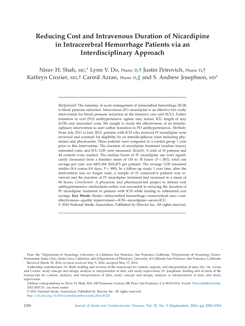 کاهش هزینه و مدت زمان تزریق نیکاردیپین در بیماران خونریزی داخل مغزی با استفاده از رویکرد بین رشته ای