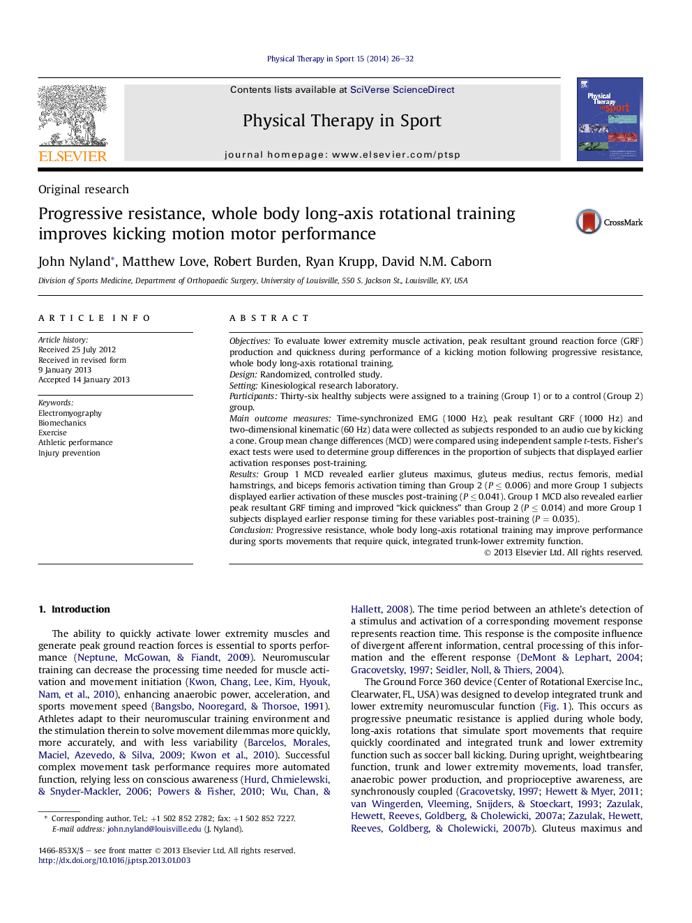 Progressive resistance, whole body long-axis rotational training improves kicking motion motor performance