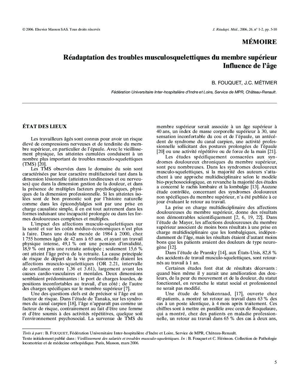 Réadaptation des troubles musculosquelettiques du membre supérieur influence de l'Ã¢ge