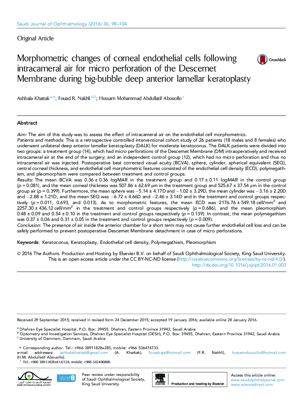 Morphometric changes of corneal endothelial cells following intracameral air for micro perforation of the Descemet Membrane during big-bubble deep anterior lamellar keratoplasty 