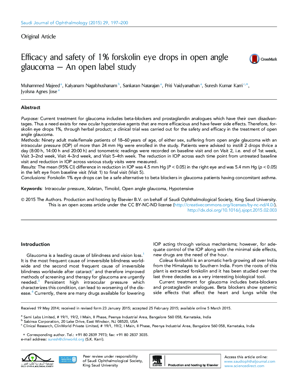 Efficacy and safety of 1% forskolin eye drops in open angle glaucoma – An open label study 