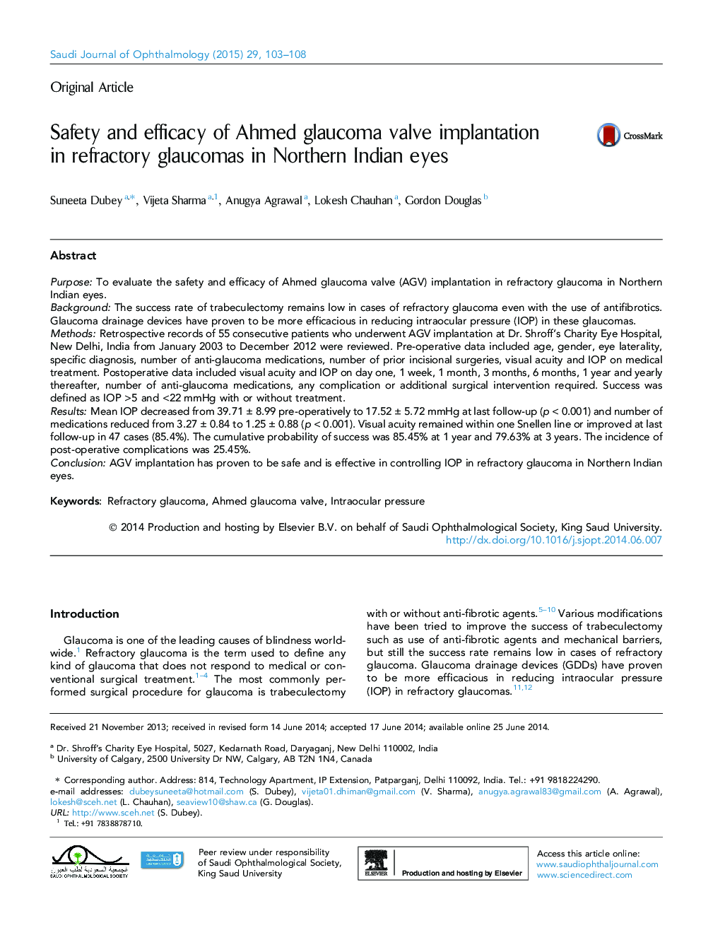 Safety and efficacy of Ahmed glaucoma valve implantation in refractory glaucomas in Northern Indian eyes 