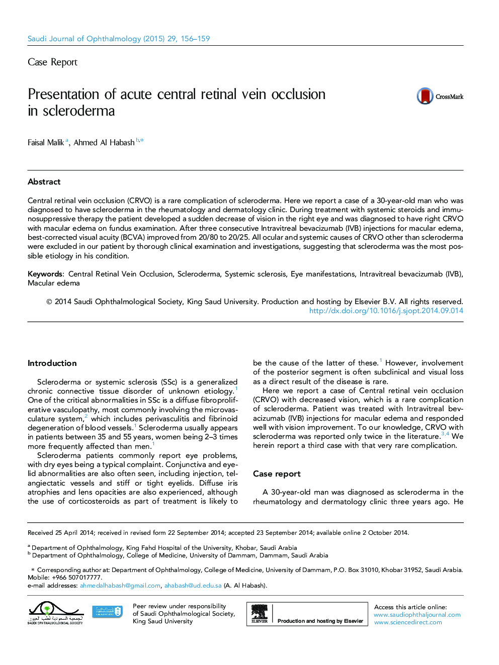 Presentation of acute central retinal vein occlusion in scleroderma 