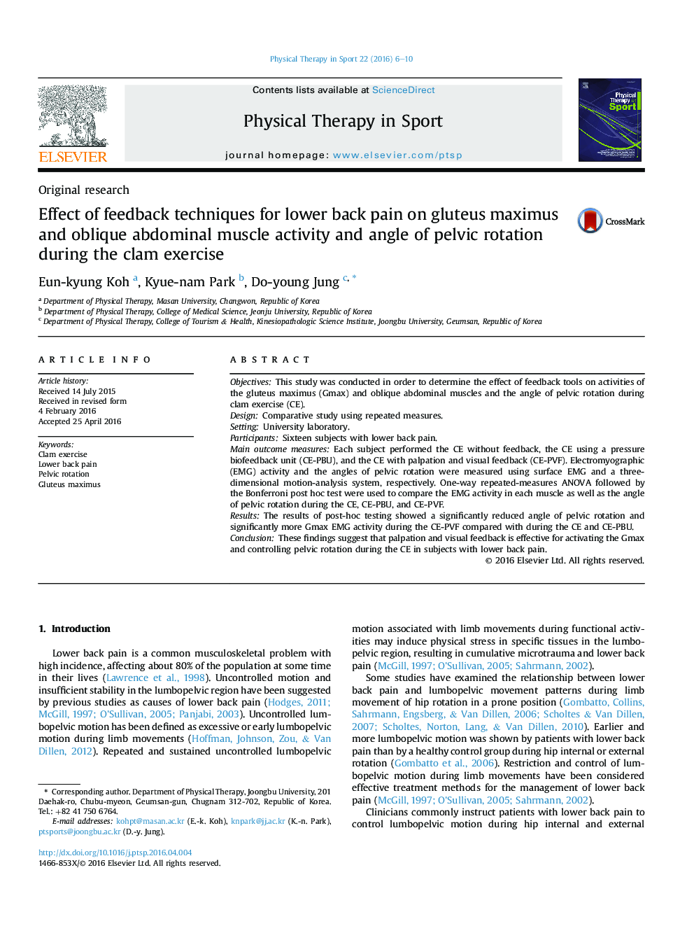 Effect of feedback techniques for lower back pain on gluteus maximus and oblique abdominal muscle activity and angle of pelvic rotation during the clam exercise