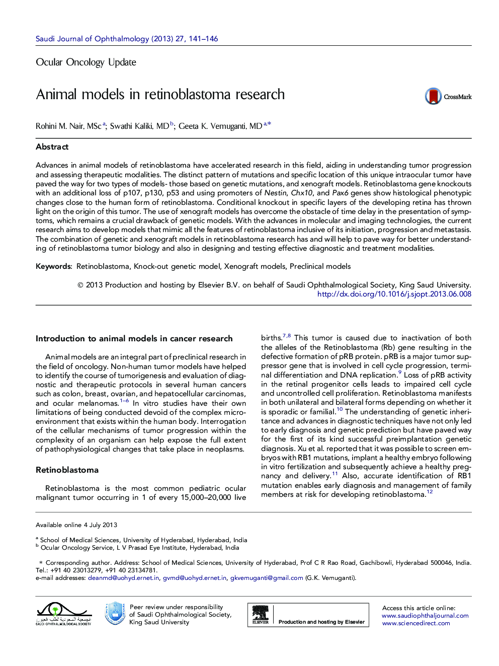 Animal models in retinoblastoma research 