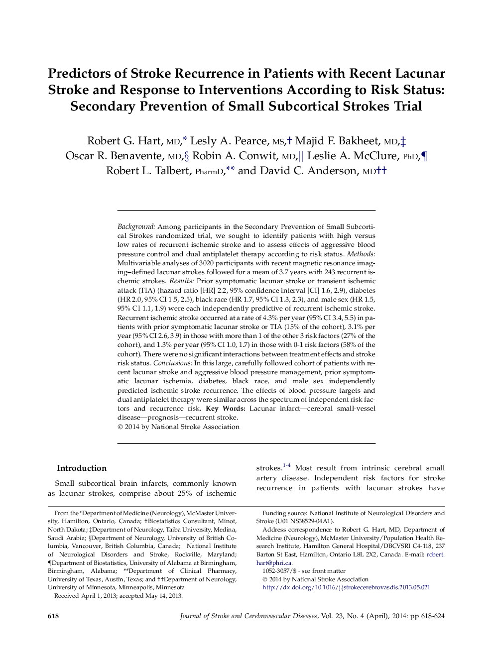 پیش بینی عود سکته مغزی در بیماران مبتلا به سکته مغزی لکونار و پاسخ به مداخلات با توجه به وضعیت خطر: پیشگیری ثانویه سکته مغزی غیرطبیعی کوچک 