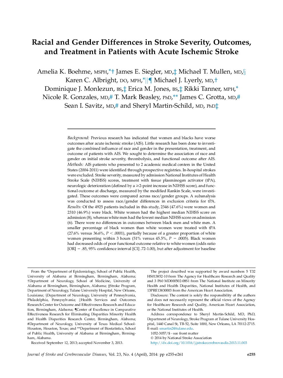 اختلافات نژادی و جنسیتی در شدت سکته مغزی، نتایج و درمان در بیماران مبتلا به سکته مغزی ایسکمیک حاد 