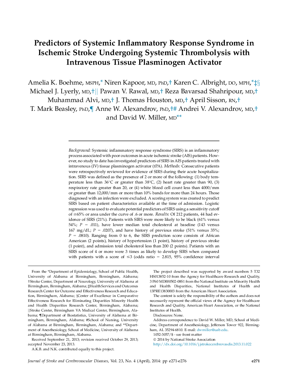 پیش بینی سندرم واکنش التهابی سیستمیک در سکته مغزی ایسکمیک با ترومبولیزیس سیستمیک با فعال کننده پلاسمینوژن بافت داخل وریدی 