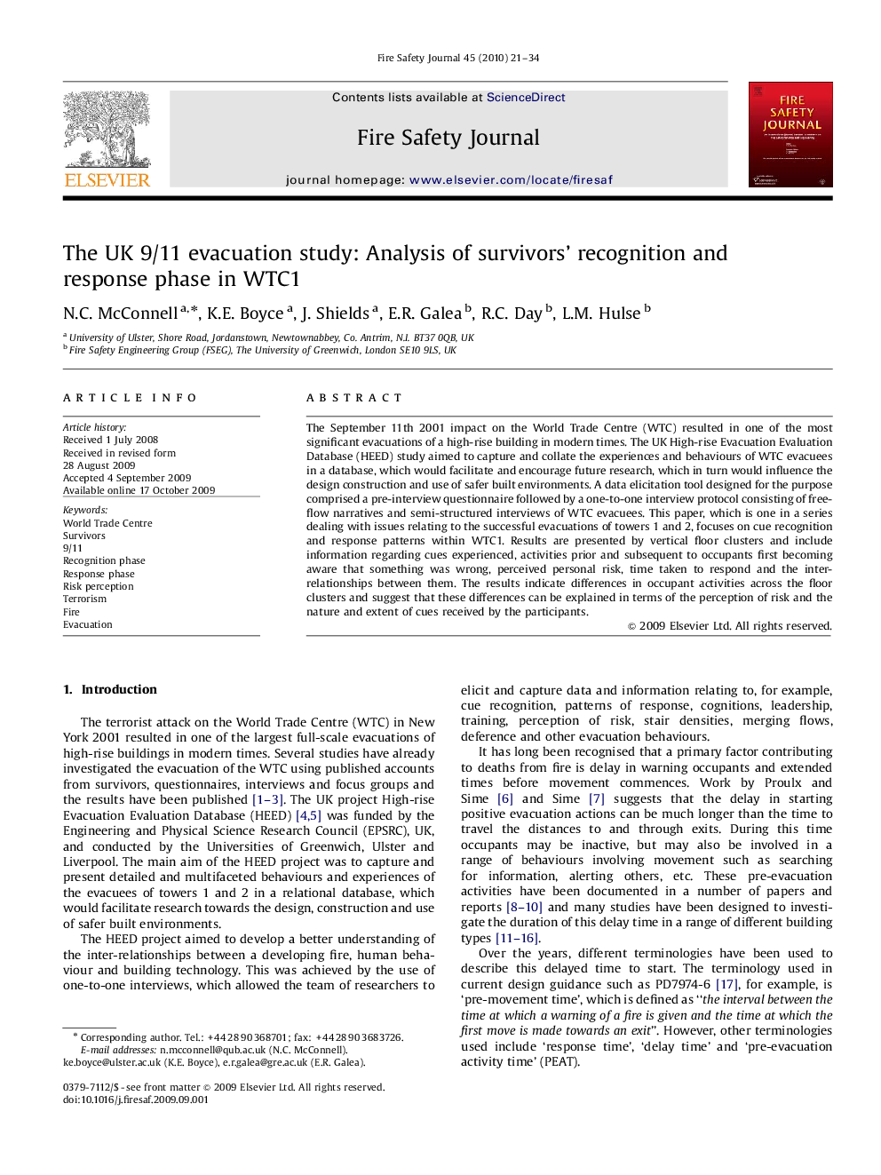 The UK 9/11 evacuation study: Analysis of survivors’ recognition and response phase in WTC1