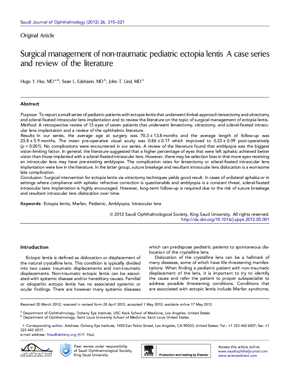 Surgical management of non-traumatic pediatric ectopia lentis: A case series and review of the literature 