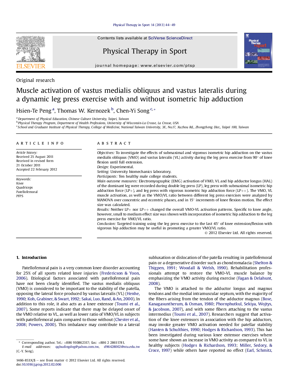 Muscle activation of vastus medialis obliquus and vastus lateralis during a dynamic leg press exercise with and without isometric hip adduction