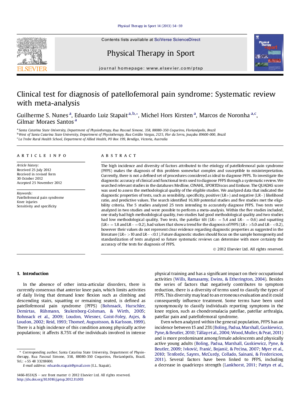 Clinical test for diagnosis of patellofemoral pain syndrome: Systematic review with meta-analysis