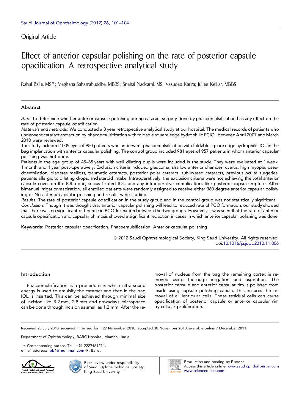 Effect of anterior capsular polishing on the rate of posterior capsule opacification: A retrospective analytical study