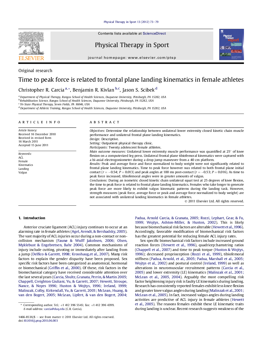 Time to peak force is related to frontal plane landing kinematics in female athletes